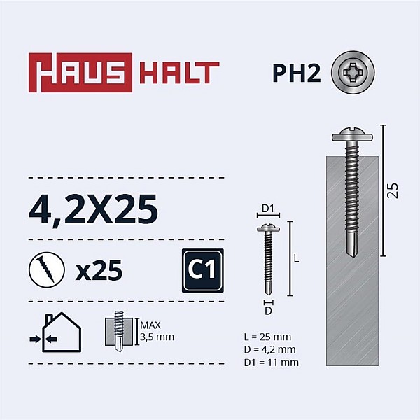 SELF SCR 4.2X25 MET/MET+DRILL ZN 25PCS