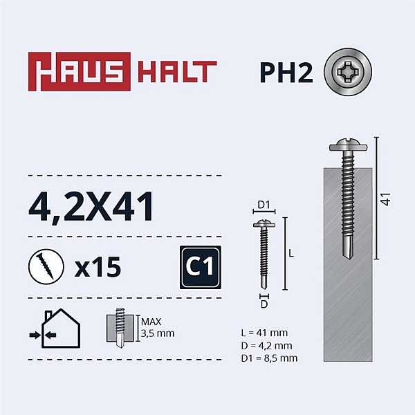 SELF SCR 4.2X41 MET/MET+DRILL ZN 15PCS