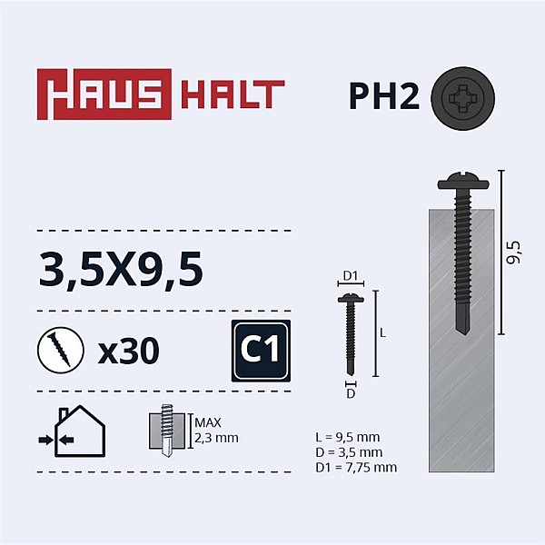 Pašurbjošas skruves Haushalt 3.5 x 9.5 mm. 30 gb