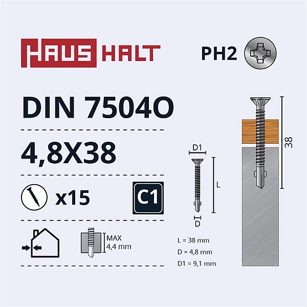 SELF SCR 4.8X38 DIN7504O WOOD/MET 15PCS