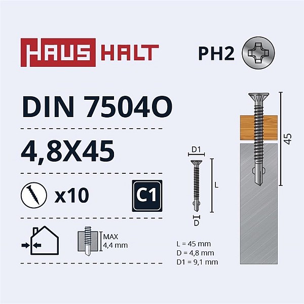 SELF SCR 4.8X45 DIN7504O WOOD/MET 10PCS