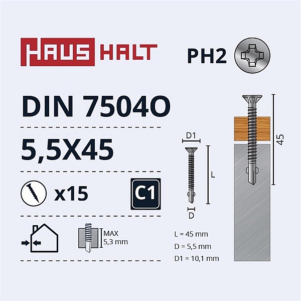 SELF SCR 5.5X45 DIN7504O WOOD/MET 15PCS