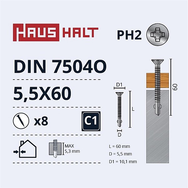 Savisriegiai Haushalt. DIN 7504O. 5.5 x 60 mm. 8 vnt.