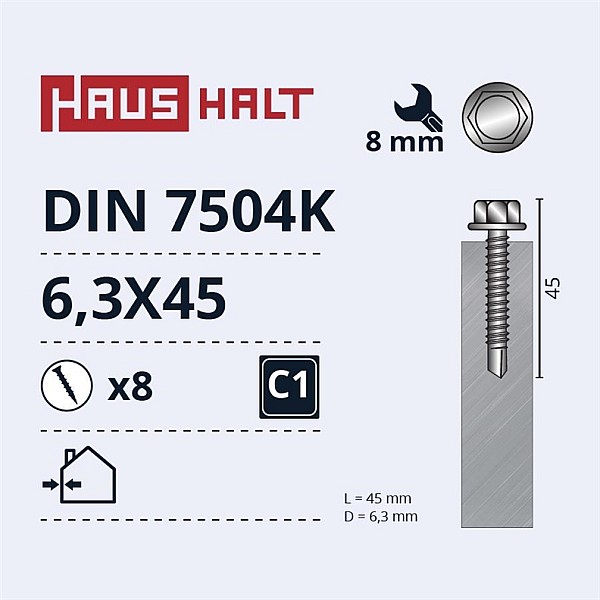 SKRŪVE 6.3X45 MET DIN7504K ZN 8PCS M1