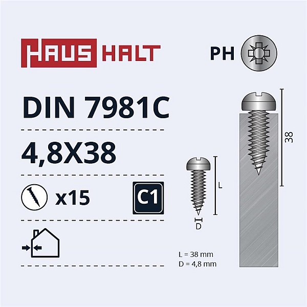 SELF SCREWS 4.8X38 DIN7981C ZN 15PCS