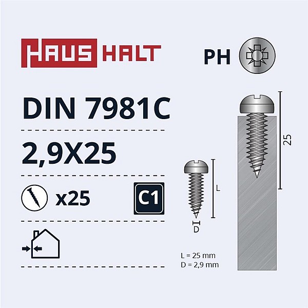 Savisriegiai Haushalt. DIN7981C. 2.9 x 25 mm. 25 vnt.