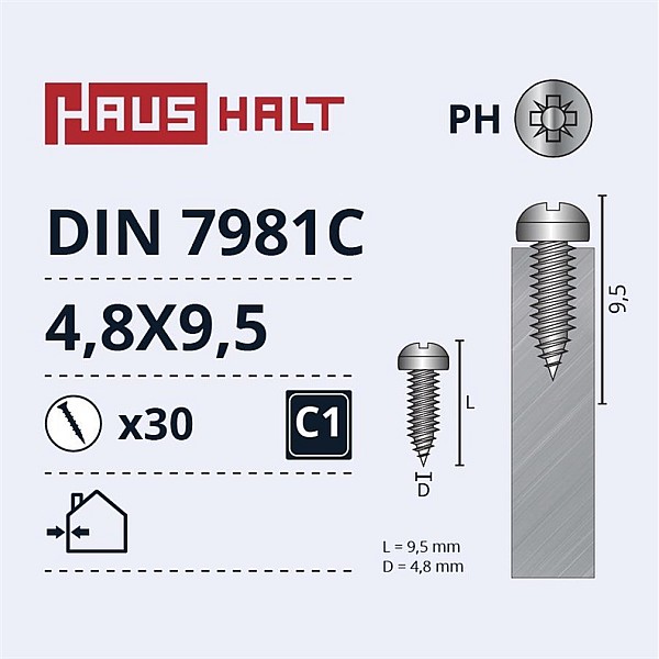 SELF SCREWS 4.8X9.5 DIN7981C ZN 30PCS