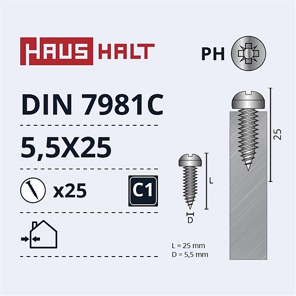 Savisriegiai Haushalt. DIN 7981C. 5.5 x 25 mm. 25 vnt.