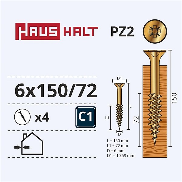 Medsraigčiai Haushalt. 6 x 150/72 mm. ZN. PZ3. 4 vnt.