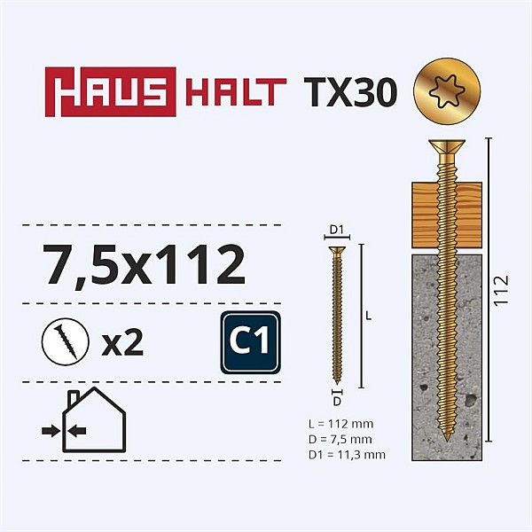 Inkariniai staktų varžtai Haushalt. 7.5 x 112 mm. 2 vnt.