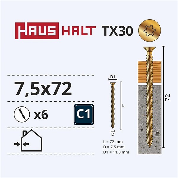 Inkariniai staktų varžtai Haushalt. 7.5 x 72 mm. 6 vnt.