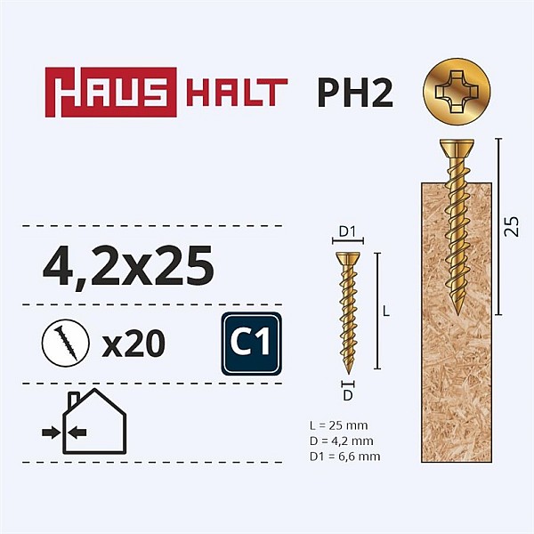 Medsraigčiai Haushalt. 4.2 x 25 mm. ZN. PH. 20 vnt.