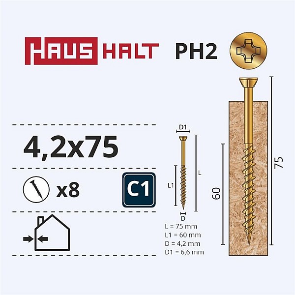 Medsraigčiai Haushalt. 4.2 x 75 mm. ZN. PH. 8 vnt.