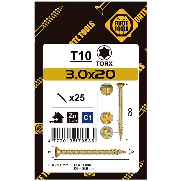 CHIPBOARD SCR T10 3.0X20 YELL ZN25PCS