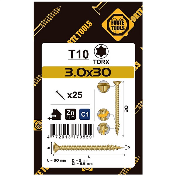 CHIPBOARD SCR T10 3.0X30 YELL ZN25PCS