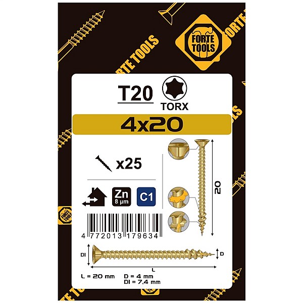 CHIPBOARD SCR T20 4.0X20 YELL ZN25PCS