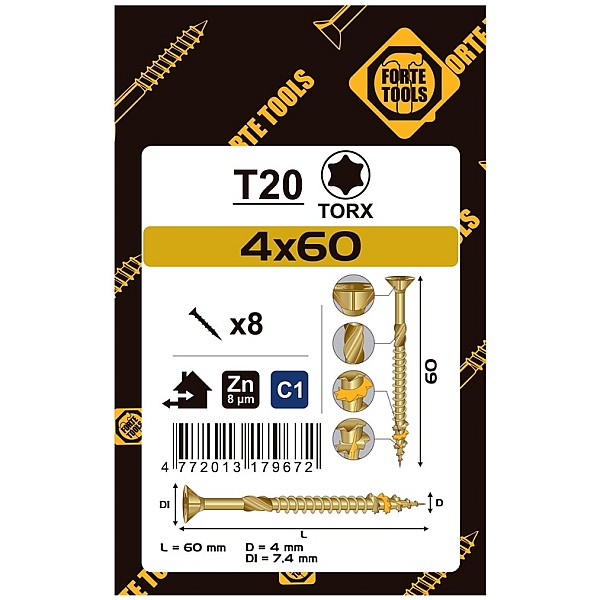 CHIPBOARD SCR T20 4.0X60 YELL ZN8PCS