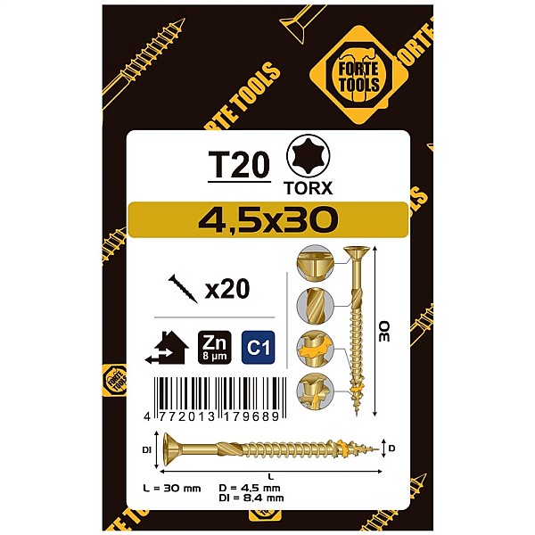 CHIPBOARD SCR T20 4.5X30 YELL ZN20PCS