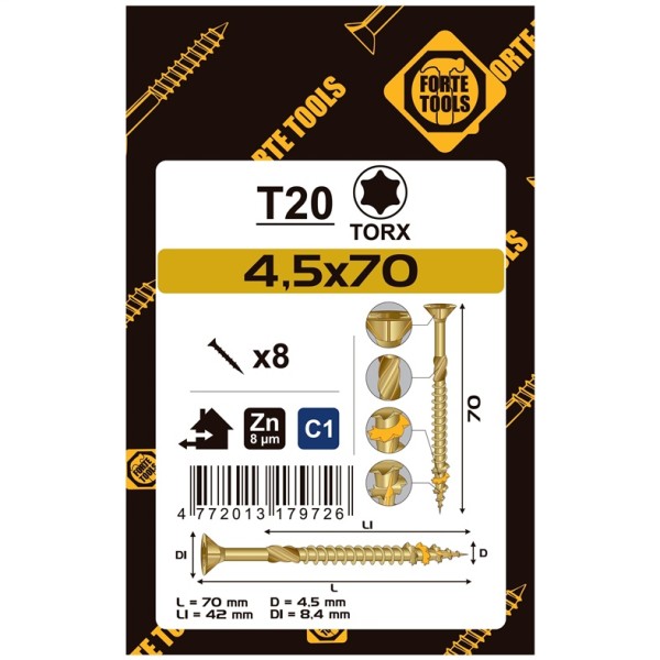 CHIPBOARD SCR T20 4.5X70/42 YELL ZN8PCS