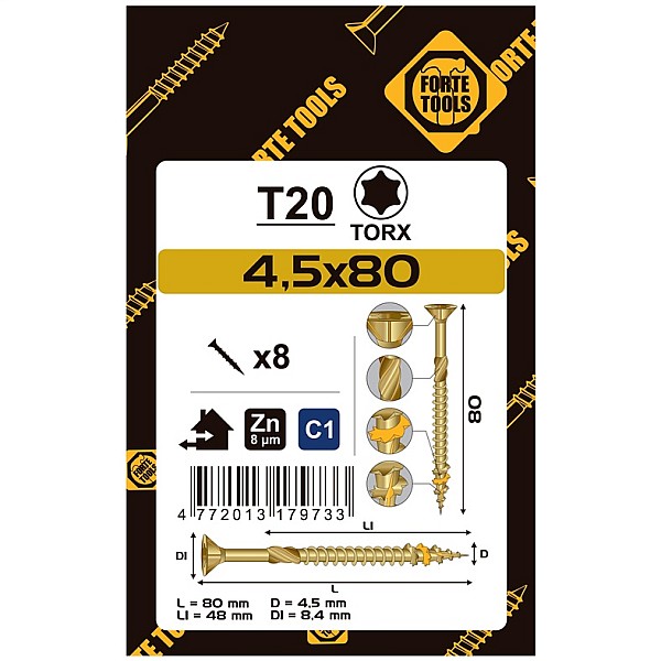 CHIPBOARD SCR T20 4.5X80/48 YELL ZN8PCS