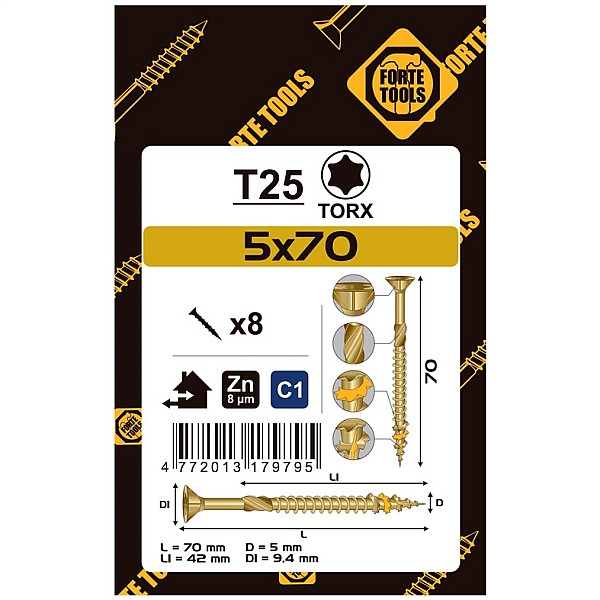 CHIPBOARD SCR T25 5.0X70/42 YELL ZN8PCS