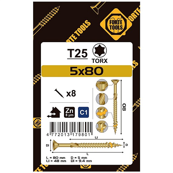 CHIPBOARD SCR T25 5.0X80/48 YELL ZN8PCS