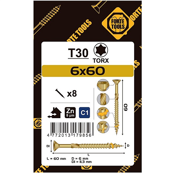 CHIPBOARD SCR T30 6.0X60 YELL ZN8PCS