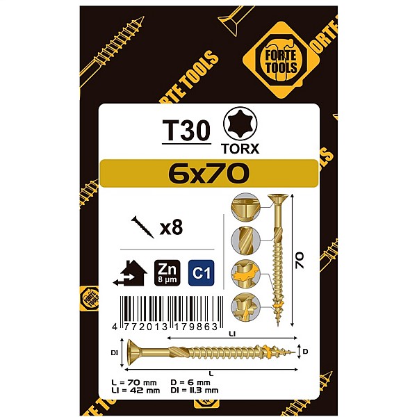 CHIPBOARD SCR T30 6.0X70/42 YELL ZN8PCS