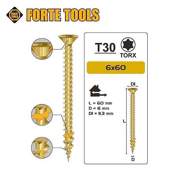 CHIPBOARD SCR T30 6.0X60 YELL ZN8PCS