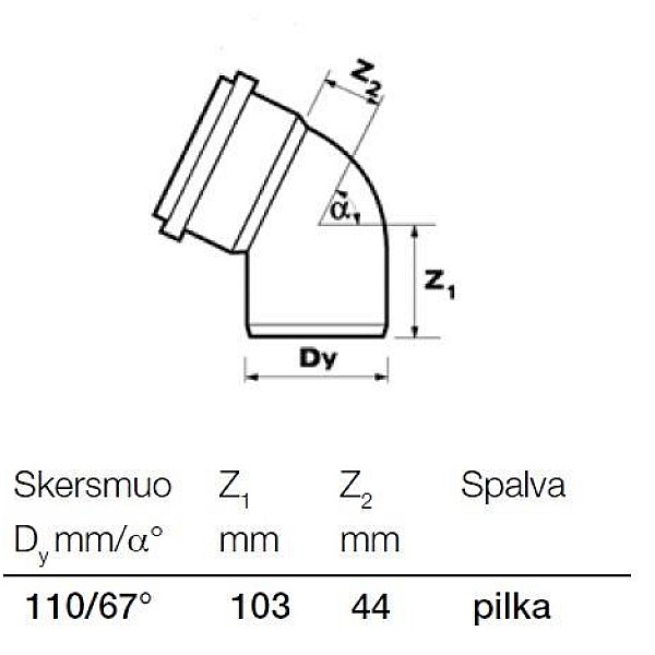 Vidaus kanalizacijos alkūnė Wavin.  Ø 110 mm. 67 °