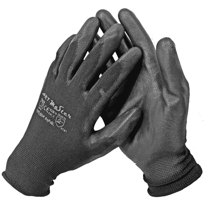 Cimdi poliester ar melnu PU pārkl.  8.izm B+B Cimdi poliester ar melnu PU pārkl.  8.izm B+B