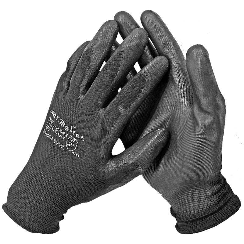 Cimdi poliester ar melnu PU pārkl. 10.izm B+B Cimdi poliester ar melnu PU pārkl. 10.izm B+B