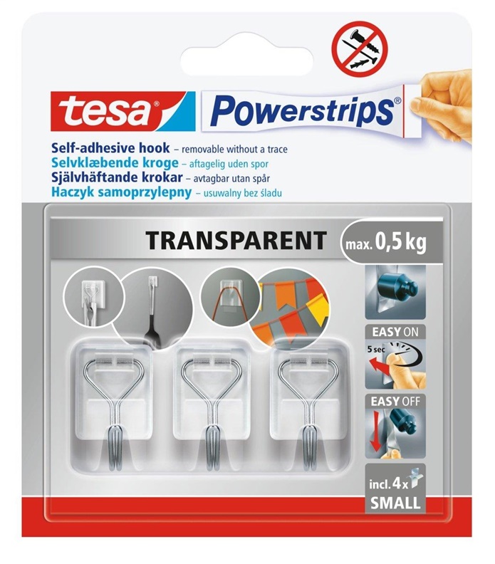 Drēbju āķis Tesa Powerstrips. 3 gab.. caurspīdīga