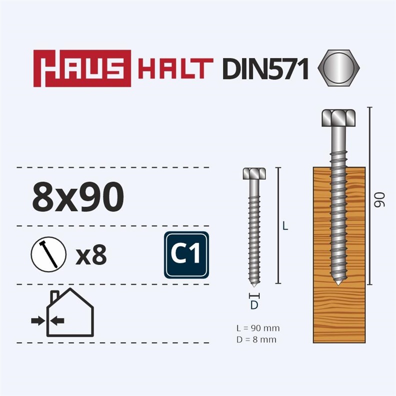 Medvaržčiai Haushalt. DIN571. 8.0 x 90 mm. ZN. 8 vnt.