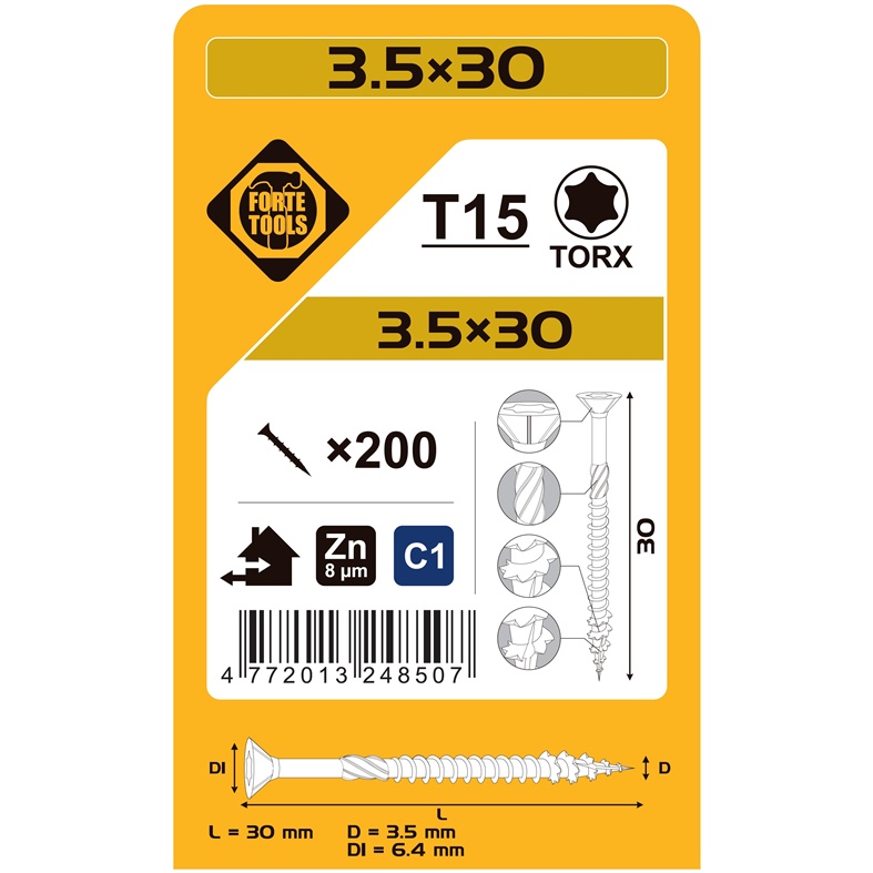 Medsraigčiai FORTE TOOLS. 3.5×30 mm. ZN. TX15. 200 vnt.