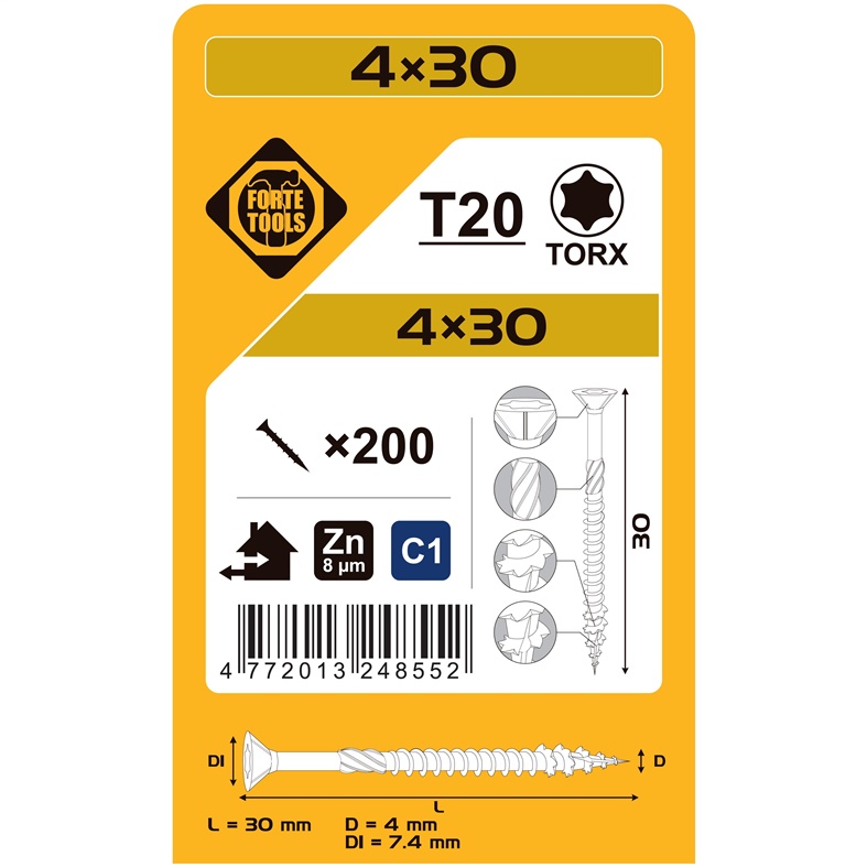 CHIPBOARD SCR T20 4.0X30 WHITE ZN(200)