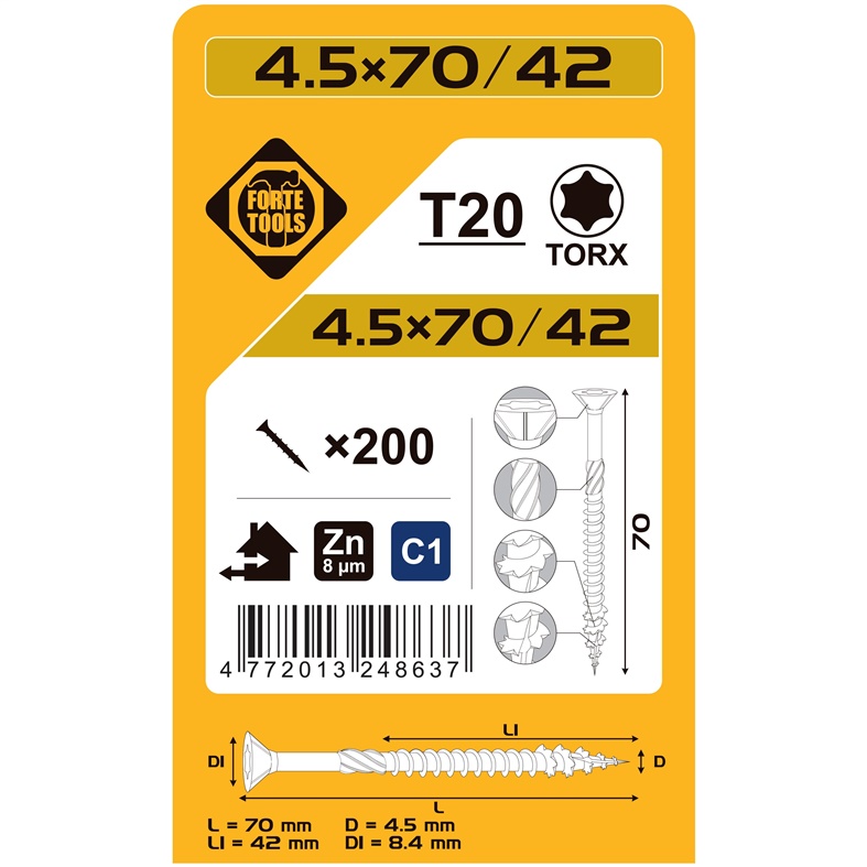 Medsraigčiai FORTE TOOLS. 4.5×70/42 mm. ZN. TX20. 200 vnt.
