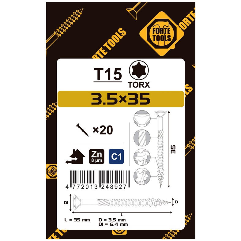 Medsraigčiai FORTE TOOLS. 3.5×35 mm. ZN. TX15. 20 vnt.