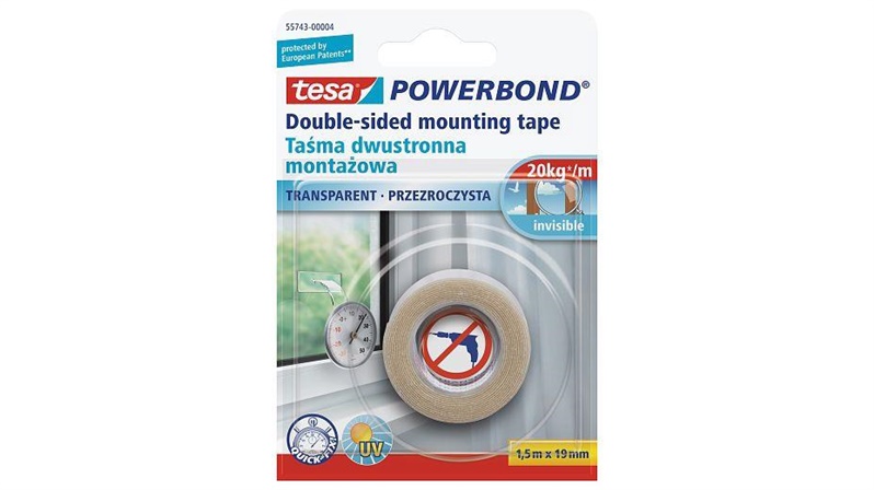 Dvipusė lipni juosta Tesa. Powerbond. 1.5 m x 19 mm