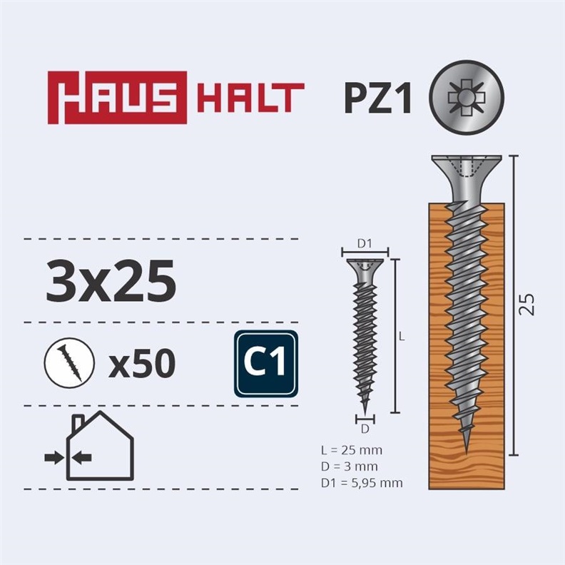 CHIPBOARD SCREW 3.0X25 WHT ZP 50PCS G1