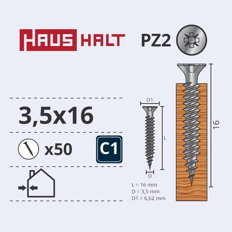 Medsraigčiai Haushalt. 3.5 x 16 mm. ZN. PZ2. 50 vnt.