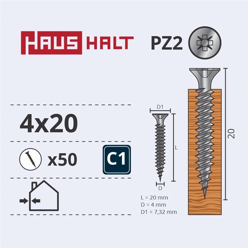 CHIPBOARD SCREW 4.0X20 WHT ZP 50PCS G1