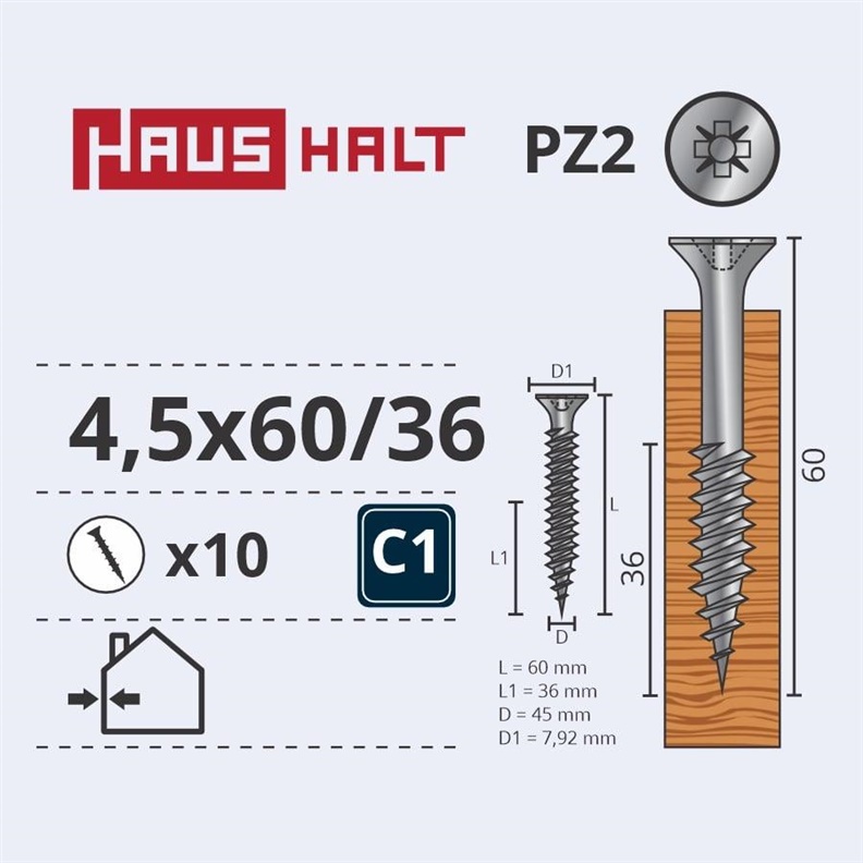 Medsraigčiai Haushalt. 4.5 x 60/36 mm. ZN. PZ2. 10 vnt.