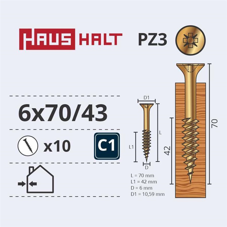 Medsraigčiai Haushalt. 6 x 70/42 mm. ZN. PZ3. 10 vnt.