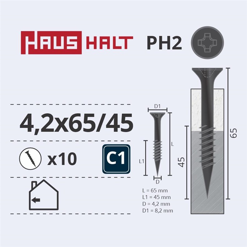 Medsraigčiai Haushalt. 4.2 x 65/45 mm. PH2. 10 vnt.