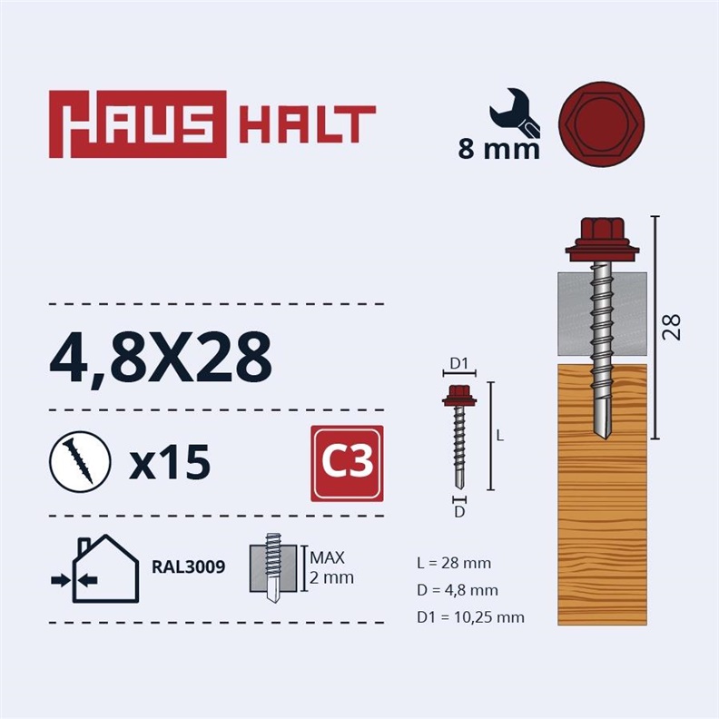 SELF SCR 4.8X28 WOOD+EPMD RAL3009 15PCS