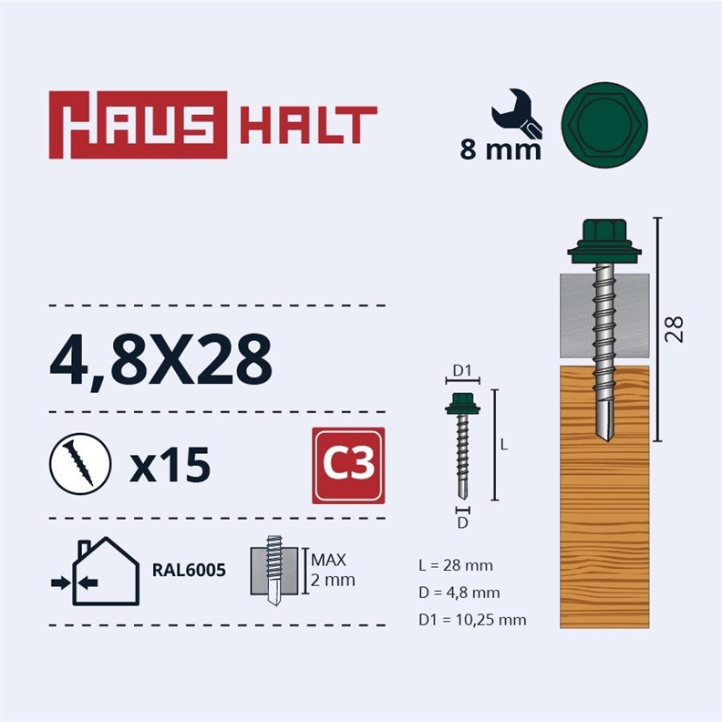 SELF SCR 4.8X28 WOOD+EPMD RAL6005 15PCS