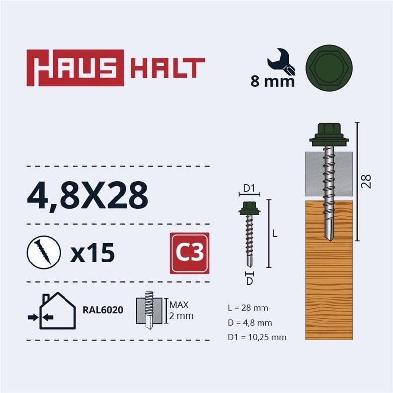 SELF SCR 4.8X28 WOOD+EPMD RAL6020 15PCS