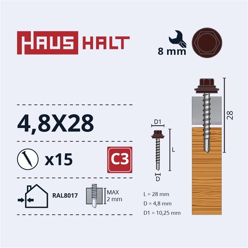 SELF SCR 4.8X28 WOOD+EPMD RAL8017 15PCS