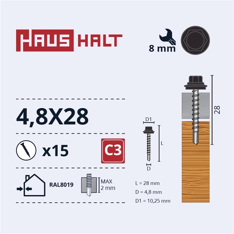 SELF SCR 4.8X28 WOOD+EPMD RAL8019 15PCS